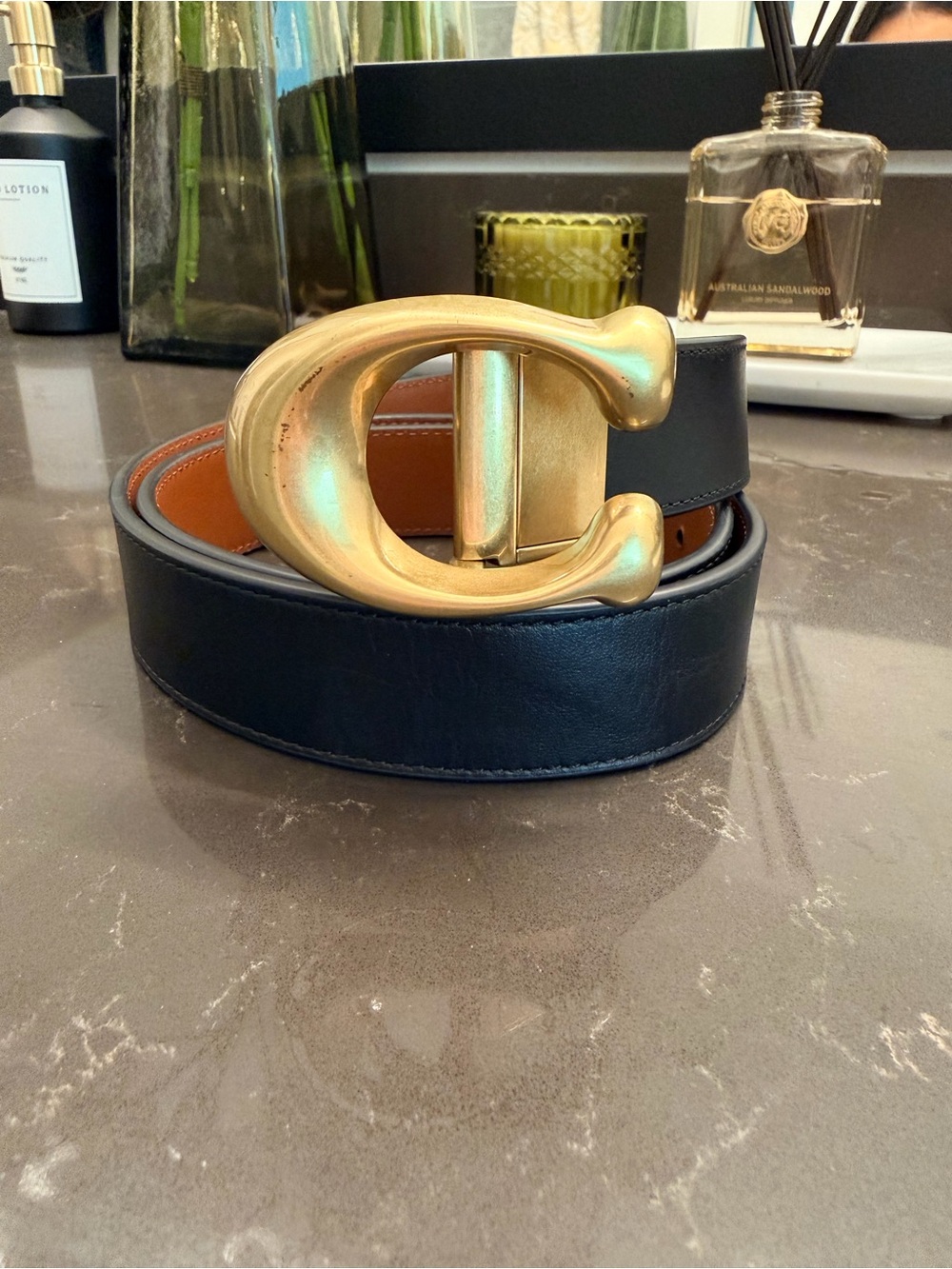 Womens reversible Black and brown  Leather Belt with Gold 'C' Buckle